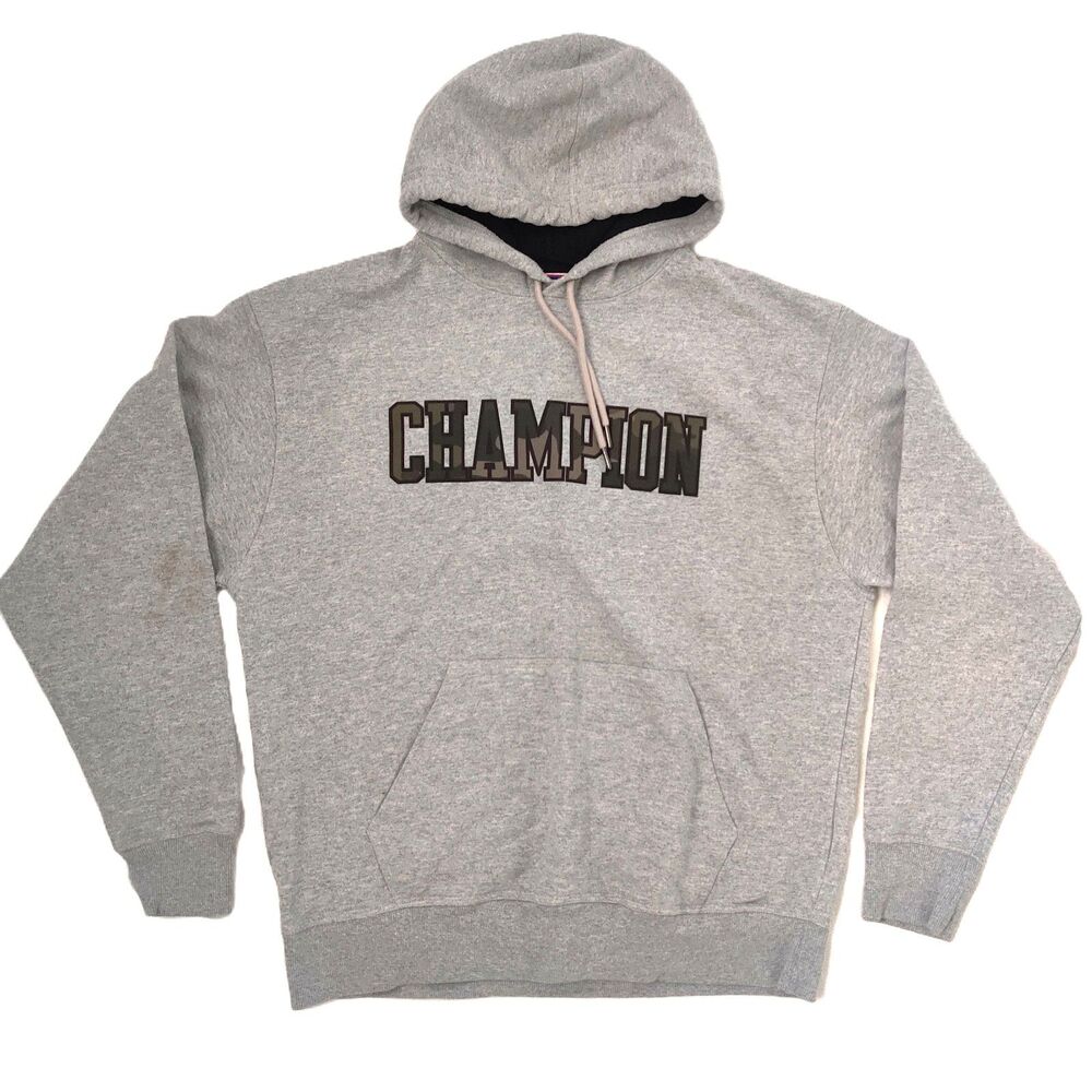 Champion Men’s Large Gray Camo Logo Pullover Hoodie Sweatshirt Spellout